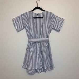 Blue and White Striped Deep V Romper
